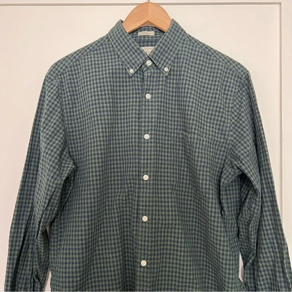 J Crew Shirt Mens Medium Green Blue Button Down Checkered Classic Cotton Preppy